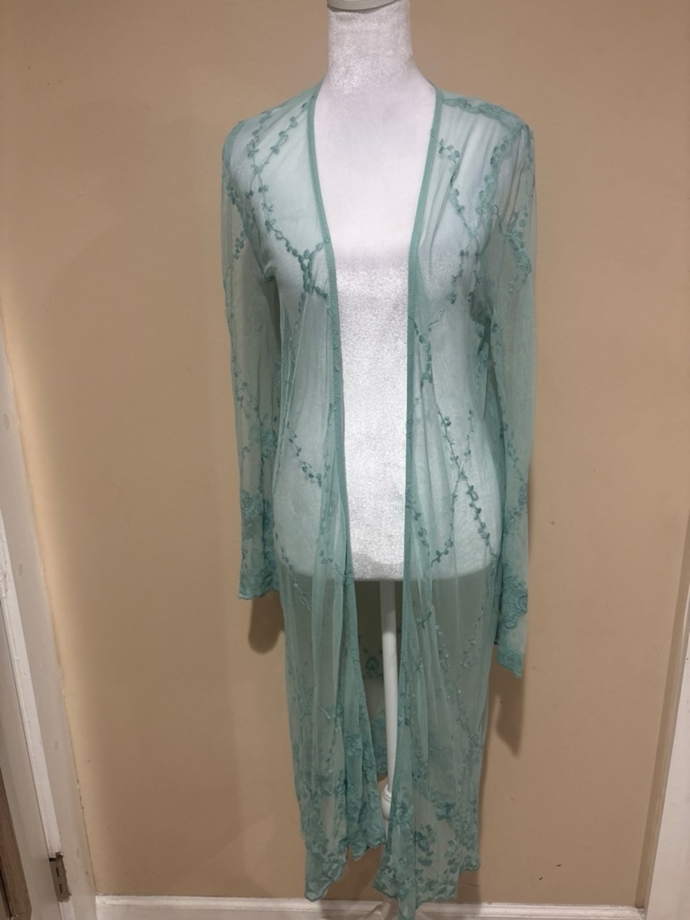 Haute Monde Sheer Mint Green Embroidered Duster Robe